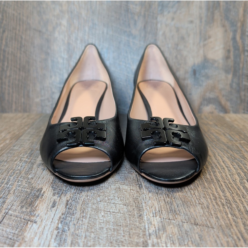 Tory Burch Lowell Peep-Toe Wedge Pumps Heels Black Leather Womens Size 9 M - Picture 3 of 12